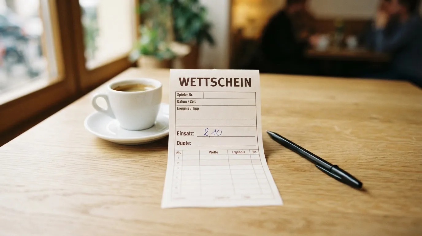 Ein leerer Wettschein aus Papier liegt neben einem Kugelschreiber und einer Tasse auf einem hellen Holztisch.