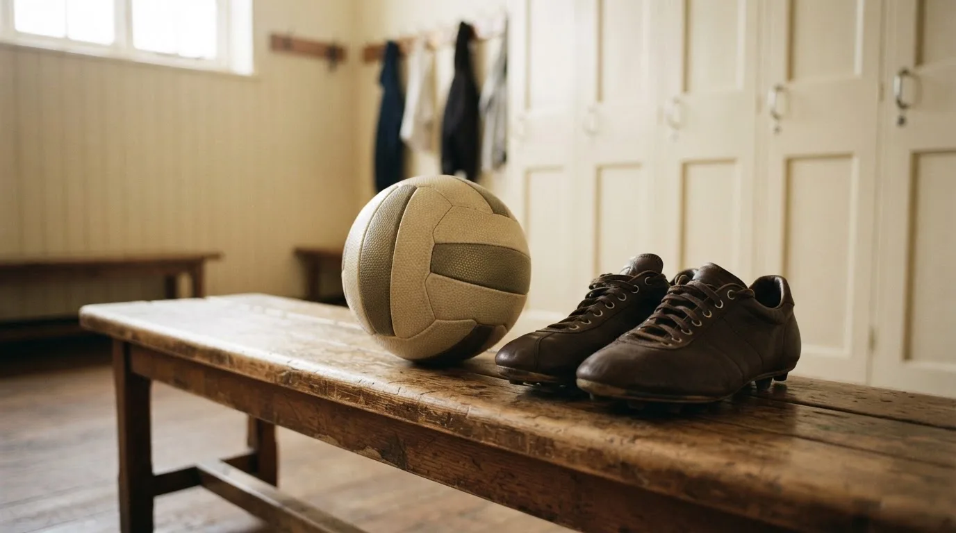Ein Fußball liegt neben einem Paar Fußballschuhen ohne Markenzeichen auf einer Holzbank in einer leeren Umkleide.