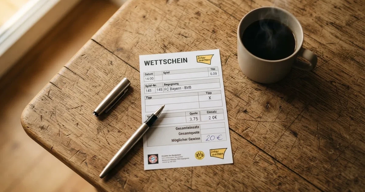 Ein leerer Wettschein aus Papier liegt neben einem Kugelschreiber und einer Tasse Kaffee auf einem Tisch, Aufnahme von oben.