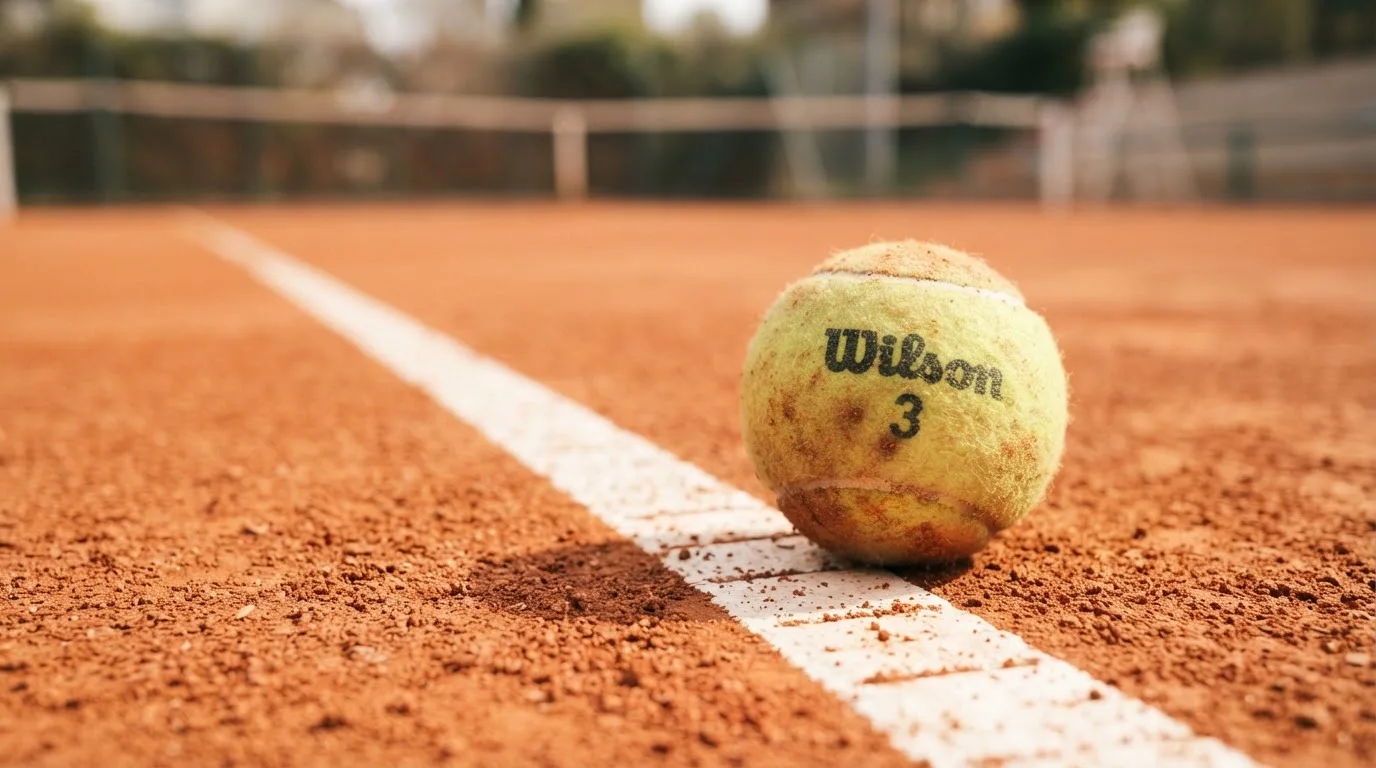 Ein einzelner Tennisball liegt auf rotem Sand neben einer weißen Linie, geringe Schärfentiefe.