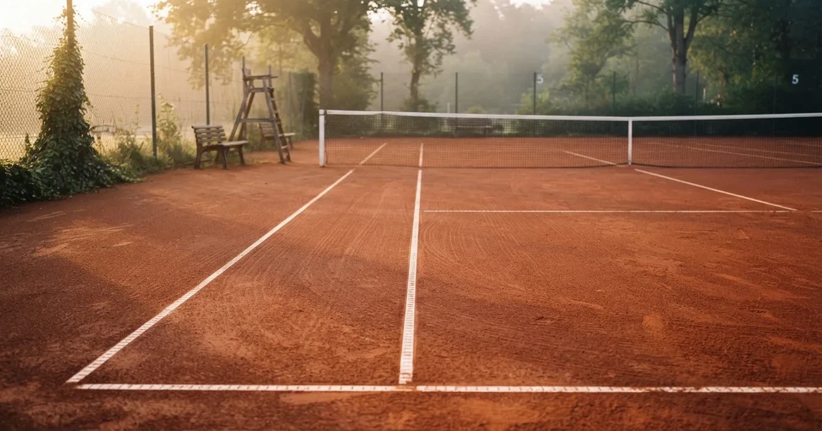 Ein Sandplatz im frühen Morgenlicht, frisch gewalzt, mit weißen Linien und einem Netz im Hintergrund, keine Menschen.