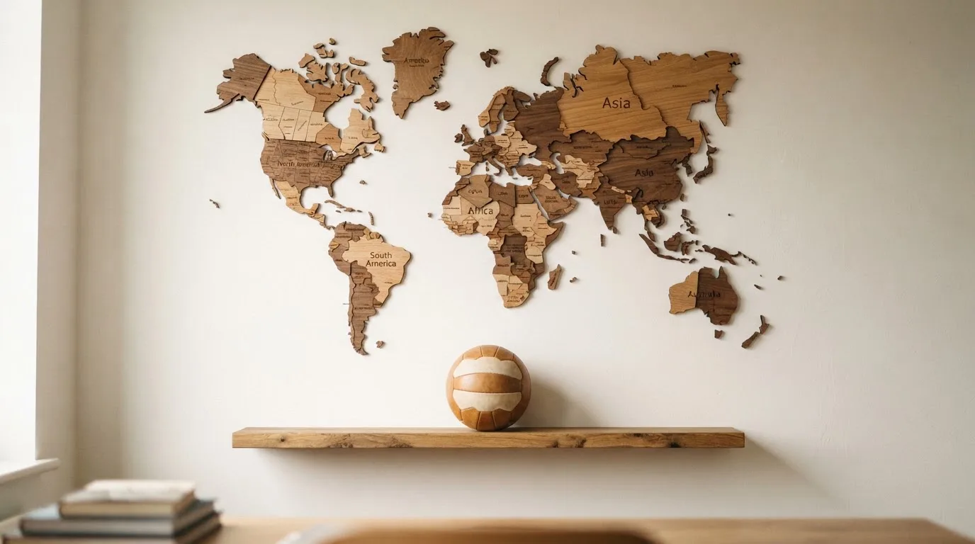 Eine Weltkarte aus Holz hängt an einer Wand, davor liegt ein Fußball auf einem Regal, ohne erkennbare Beschriftung.