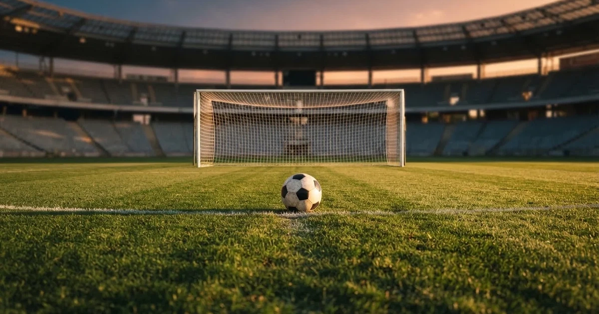 Ein Fußballplatz mit frisch gemähtem Rasen im Abendlicht, ein Ball liegt im Strafraum, im Hintergrund unscharf eine leere Tribüne.