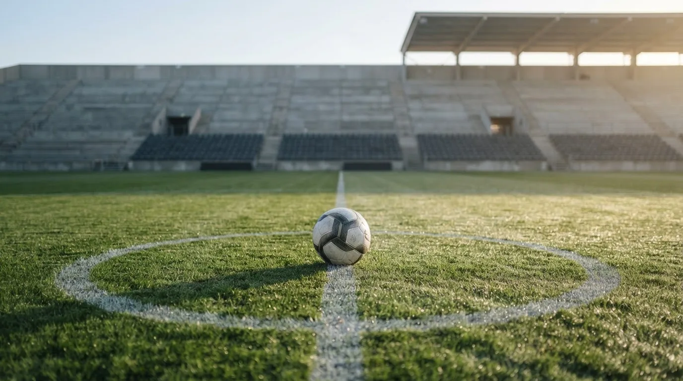 Ein Fußball liegt auf dem Anstoßpunkt eines leeren Rasenplatzes im frühen Morgenlicht, dahinter eine leere Tribüne.