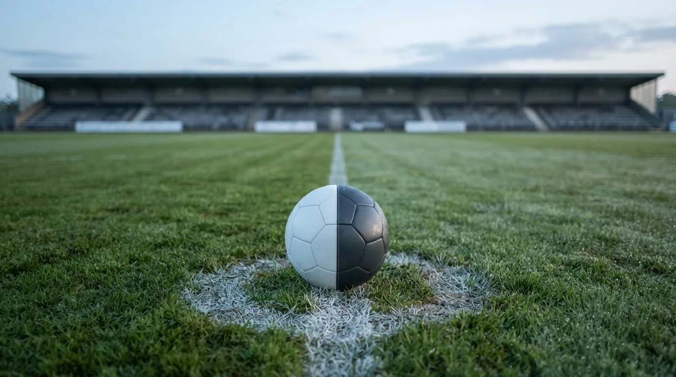 Ein Fußball liegt auf dem Anstoßpunkt eines leeren Rasenplatzes im frühen Morgenlicht, dahinter eine leere Tribüne.