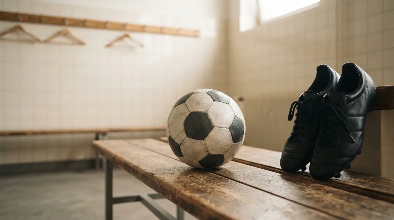 Ein Fußball liegt auf einer Holzbank in einer leeren Umkleide neben einem Paar Fußballschuhen ohne Markenzeichen.