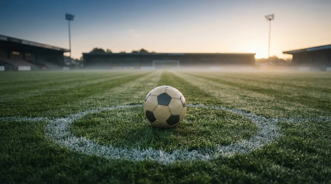 Ein Fußball ruht auf dem Mittelkreis eines leeren Rasenplatzes in der Morgendämmerung, Tau liegt auf dem Gras.