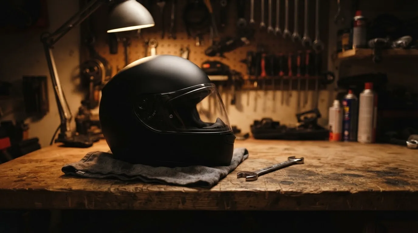 Ein schwarzer Motorradhelm ohne Aufdruck liegt auf einer Werkbank neben einem Schraubenschlüssel, warmes Licht einer Werkstatt.