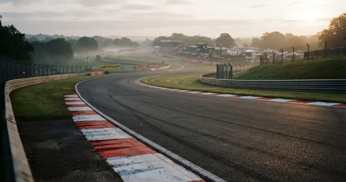 Eine leere Rennstrecke mit rot-weißen Randsteinen im frühen Morgenlicht, auf dem Asphalt liegt dünner Nebel, keine Fahrzeuge.