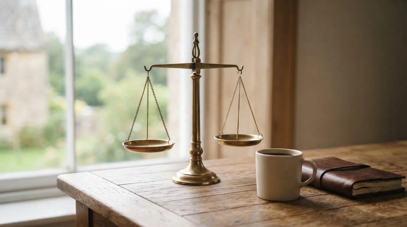 Eine Messingwaage steht auf einem Holzschreibtisch neben einer Kaffeetasse, im Hintergrund ein helles Fenster.