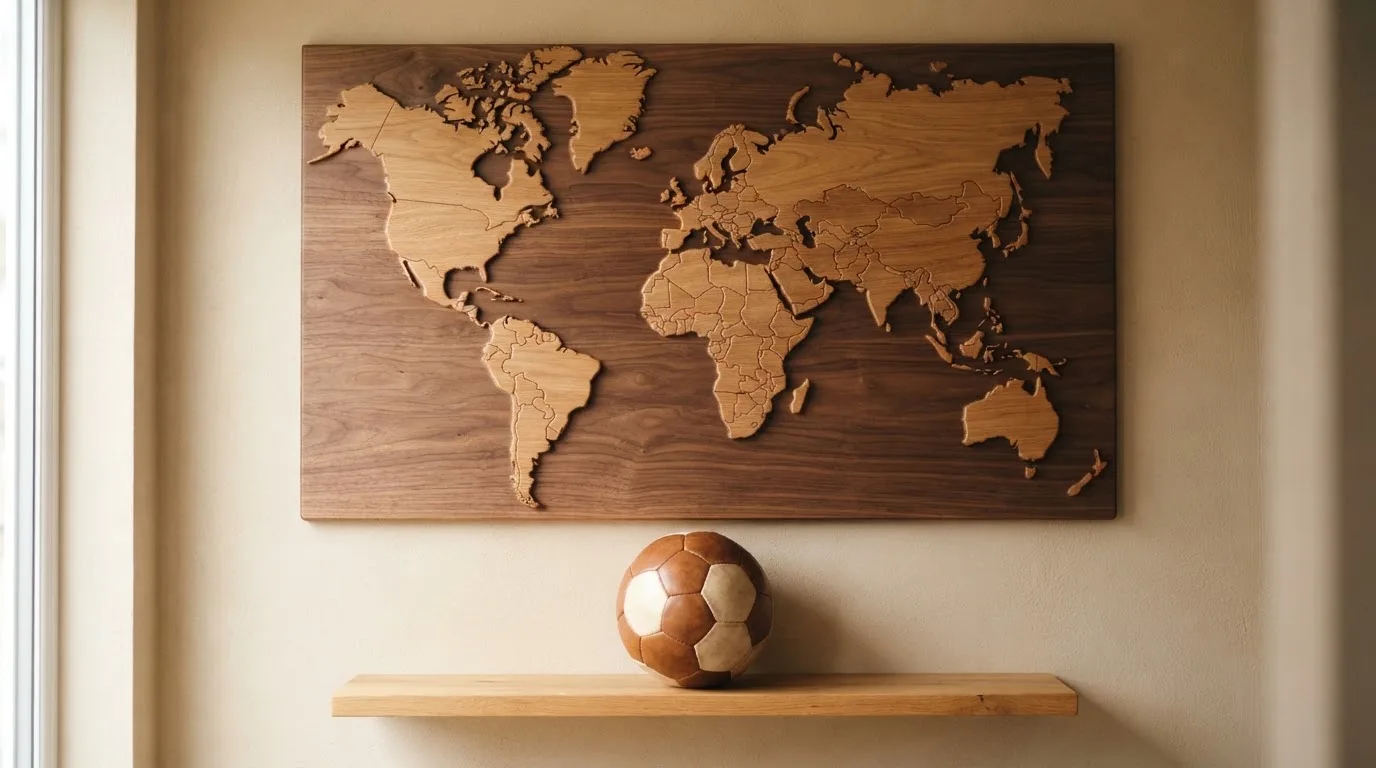 Eine Weltkarte aus Holz hängt an einer Wand, davor liegt ein Fußball auf einem Regal, ohne erkennbare Beschriftung.