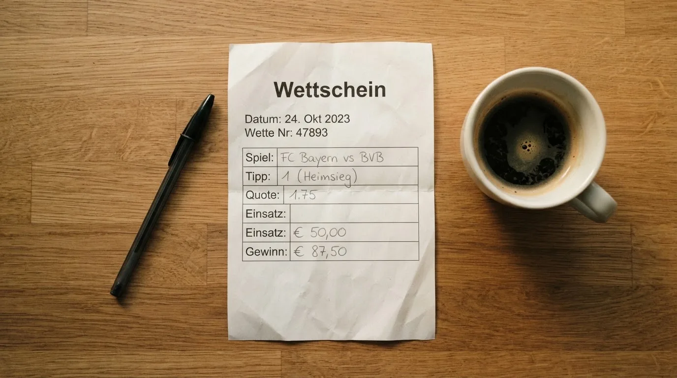 Ein leerer Wettschein aus Papier liegt neben einem Kugelschreiber und einer Tasse Kaffee auf einem Holztisch, Aufnahme von oben.