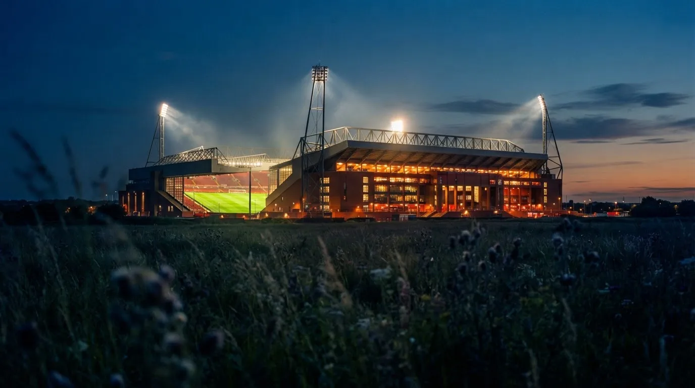 Ein großes Stadion unter Flutlicht, aus der Ferne über eine dunkle Wiese gesehen, die Lichtmasten spiegeln sich im Dunst der Abenddämmerung.