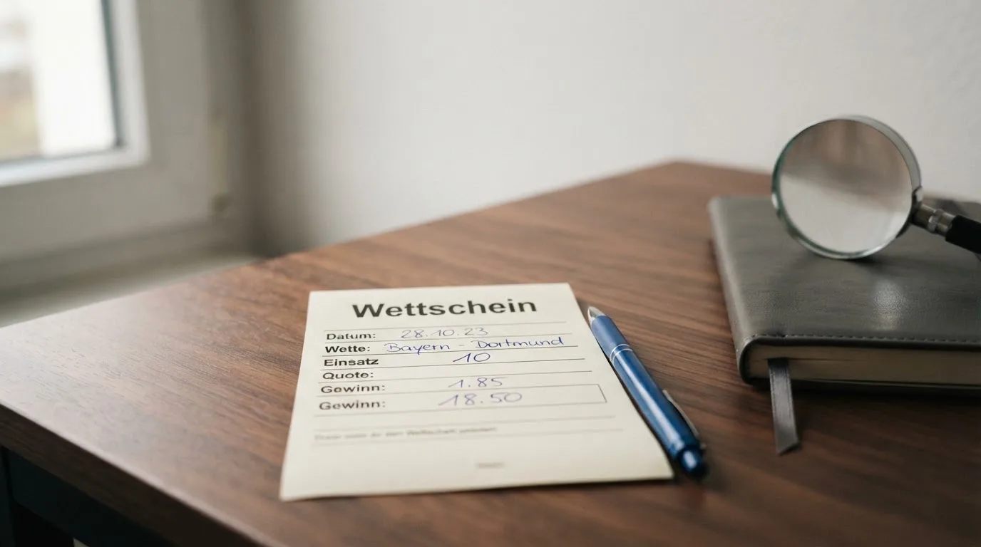 Ein leerer Papierwettschein und ein Kugelschreiber liegen auf einem aufgeräumten Schreibtisch neben einer Lupe, weiches Licht von einem Fenster.
