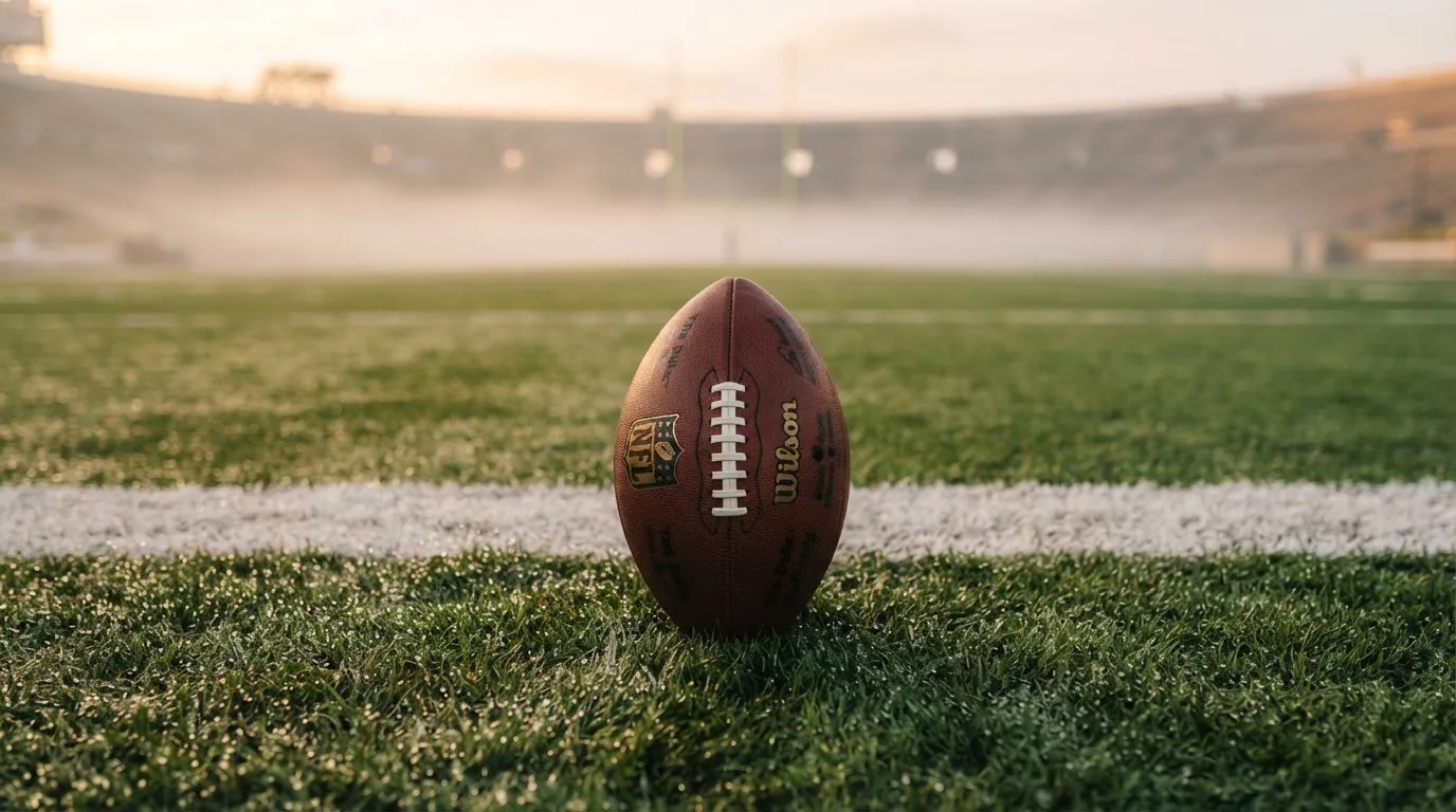 Ein ovaler Lederball mit heller Schnürung liegt auf dem Rasen vor der Endzone, Tau auf dem Gras im ersten Morgenlicht.