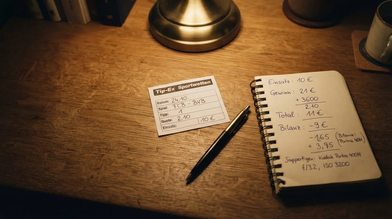 Ein leerer Papierwettschein, ein Kugelschreiber und ein Taschenrechner liegen auf einem Holztisch, warmes Licht einer Schreibtischlampe.