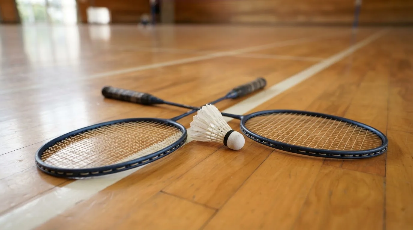 Zwei Badmintonschläger und ein Federball liegen auf einem Holzboden neben der Seitenlinie, weiches Licht fällt von der Seite ein.