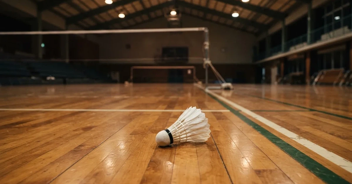 Eine leere Badmintonhalle mit gespanntem Netz und hellen Hallenlichtern, ein Federball liegt auf dem Hallenboden.