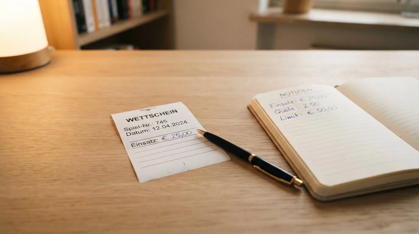 Ein leerer Papierwettschein und ein Kugelschreiber auf einer glatten Schreibtischplatte, daneben ein aufgeschlagenes Notizbuch mit handschriftlichen Notizen.