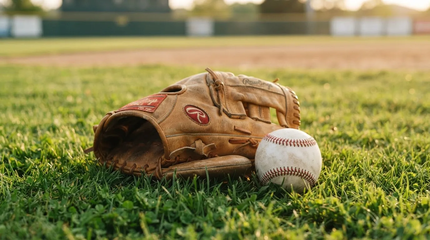 Ein weißer Baseball und ein Lederhandschuh liegen auf kurz geschnittenem Gras, im Hintergrund eine verschwommene Spielfeldbande.