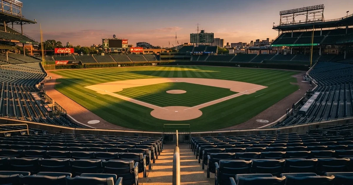 Ein Baseballfeld mit dem hellbraunen Infield und gepflegtem Rasen, von der Tribüne aus gesehen, die Ränge leer, tiefe Abendsonne.