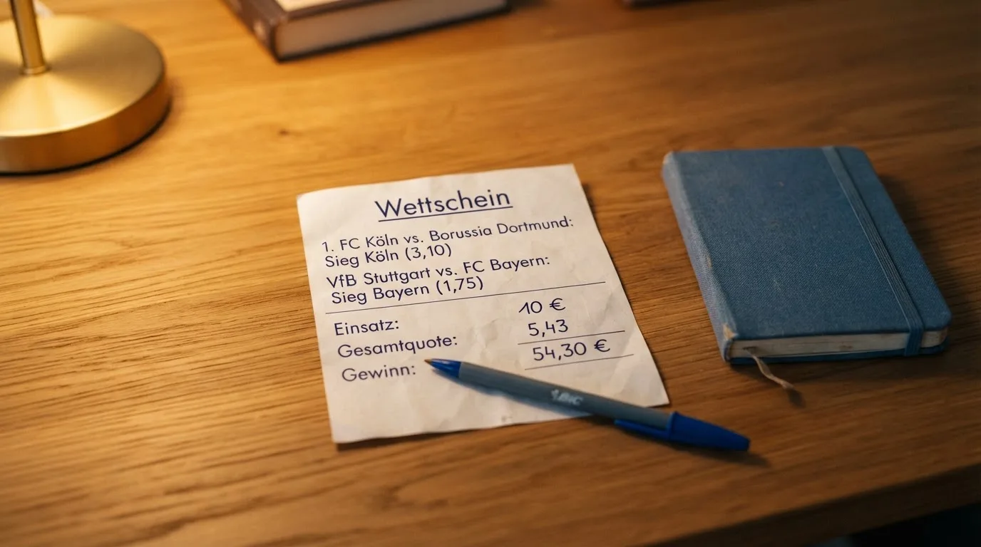 Ein leerer Papierwettschein, ein Kugelschreiber und ein Taschenrechner liegen auf einem Holztisch, warmes Licht einer Schreibtischlampe.