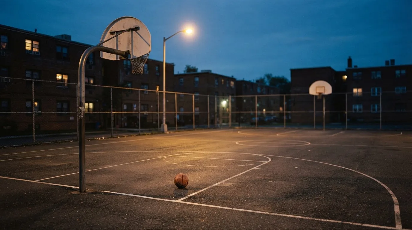 Ein Freiluft-Basketballplatz am Abend mit Asphalt, Linien und zwei Körben unter einer Straßenlaterne.