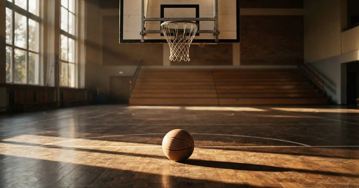 Ein Basketball liegt unter dem Korb auf dem Parkett einer leeren Sporthalle, Licht fällt durch hohe Fenster.