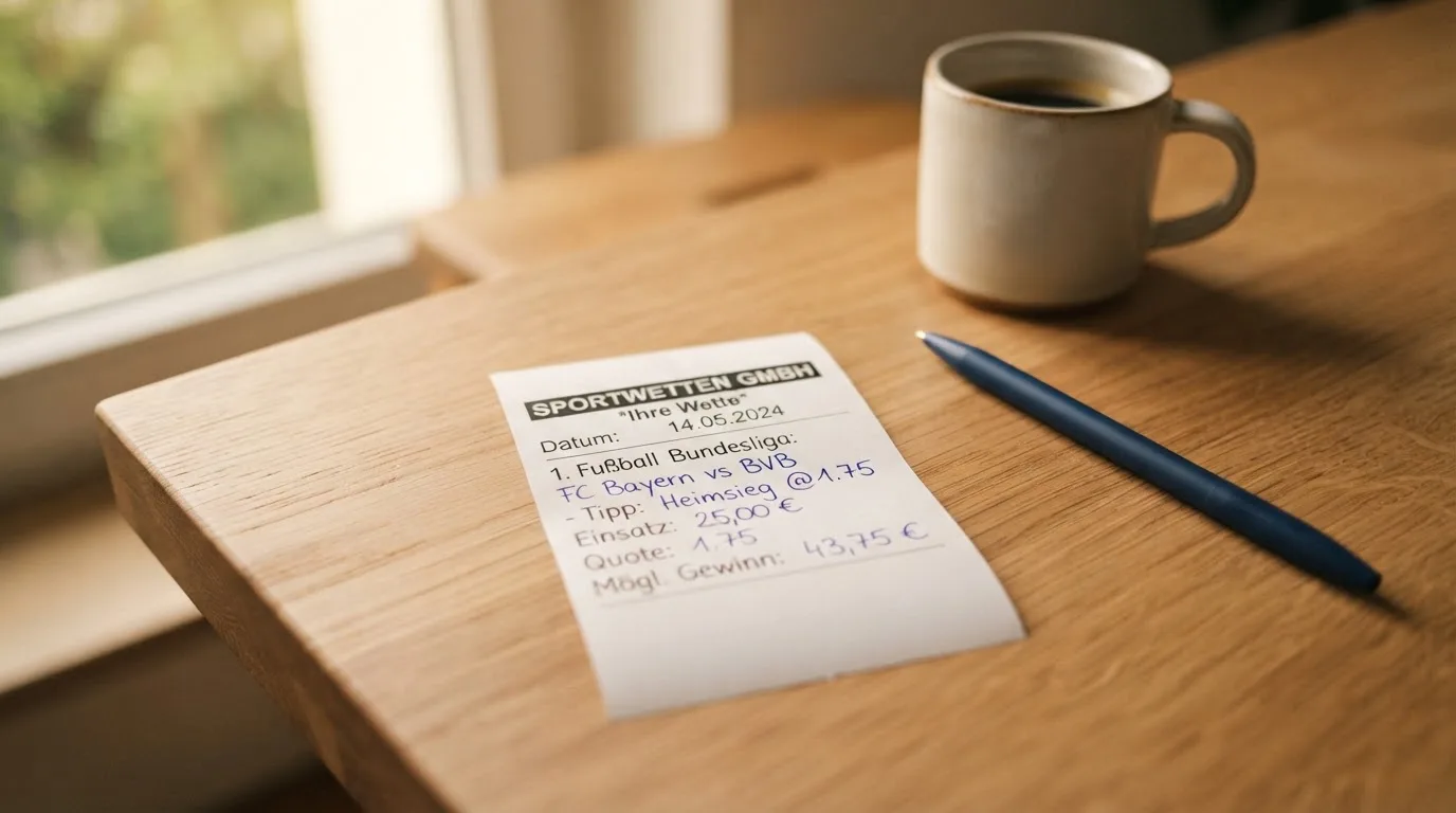 Ein leerer Wettschein aus Papier liegt neben einem Kugelschreiber und einer Tasse auf einem hellen Holztisch.