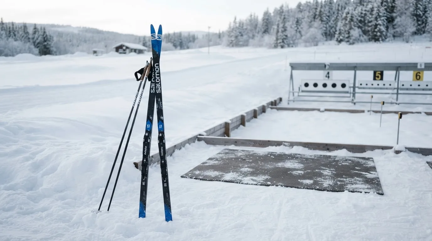Ein Paar Langlaufskier steckt aufrecht im Schnee neben einem leeren Schießstand mit runden Zielscheiben, kaltes Winterlicht.