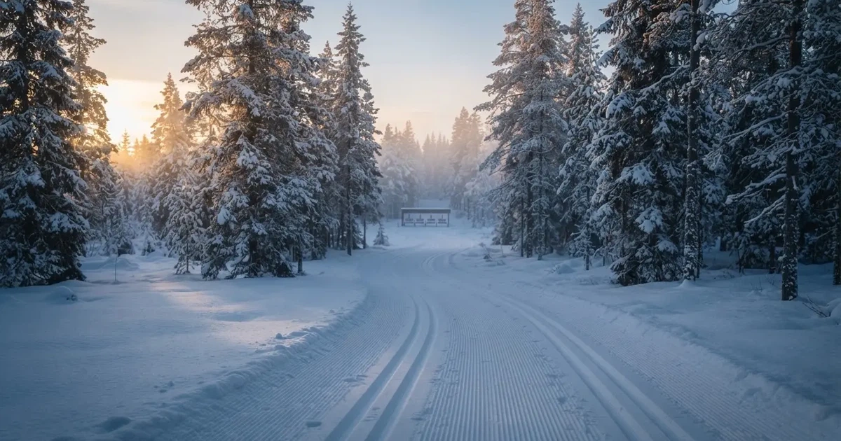 Eine verschneite Loipe zwischen Fichten im Morgenlicht, frische Spuren im Schnee, kein Mensch zu sehen.