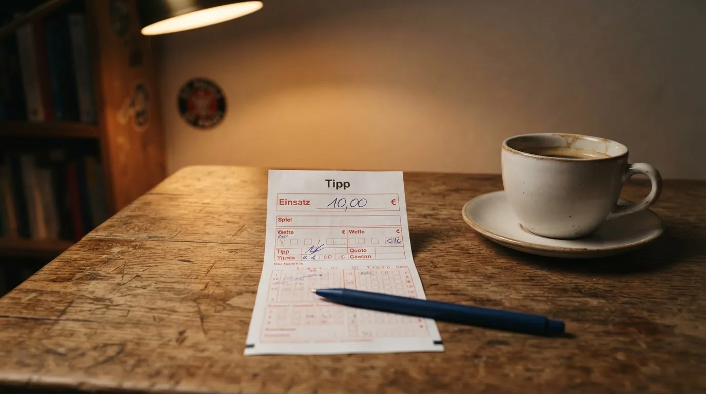 Ein leerer Papierwettschein und ein Kugelschreiber liegen auf einem Holztisch neben einer Tasse, warmes Licht einer Lampe.