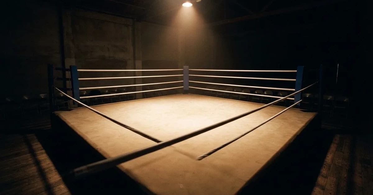 Ein Boxring mit gespannten Seilen in einer leeren Halle, ein einzelner Scheinwerfer leuchtet von oben auf die Ringmatte.