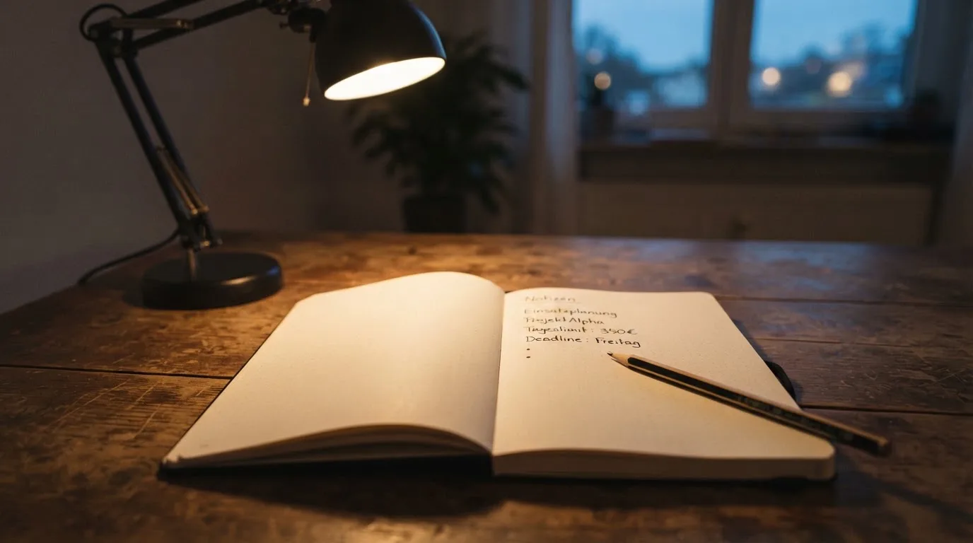 Ein Notizbuch mit handschriftlichen Notizen und ein Bleistift liegen neben einer Tischlampe auf einem Schreibtisch, ruhiges Abendlicht.