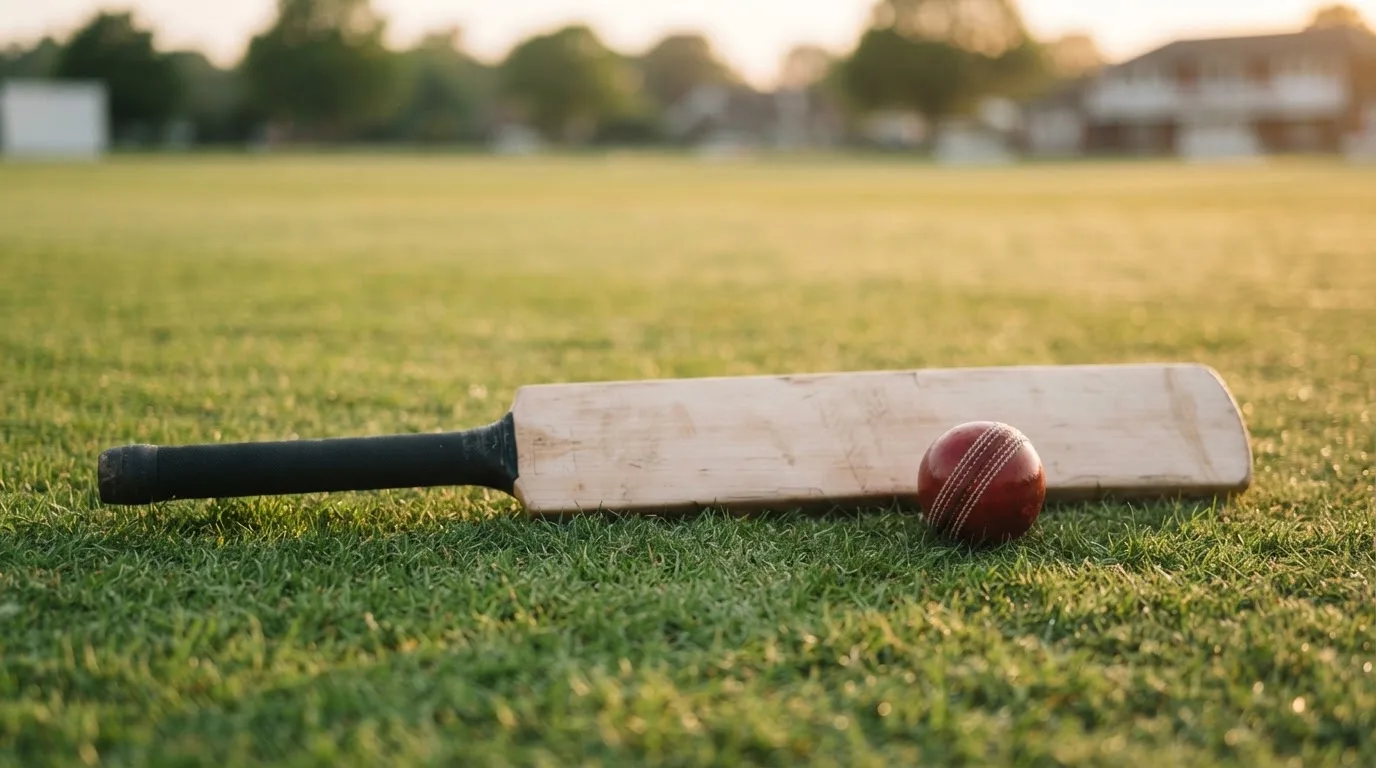 Ein Cricketschläger aus hellem Holz und ein roter Lederball liegen auf kurzem Rasen, weiches Abendlicht.