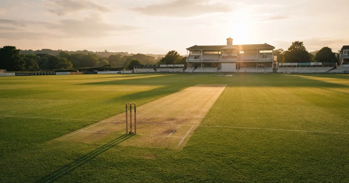 Ein weites grünes Cricketfeld mit einem hellen Streifen in der Mitte, tief stehende Sonne, im Hintergrund eine leere Tribüne.