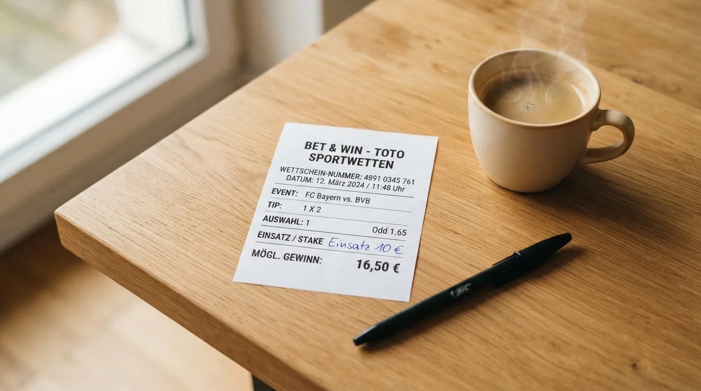 Ein leerer Wettschein aus Papier liegt neben einem Kugelschreiber und einer Tasse auf einem hellen Holztisch.