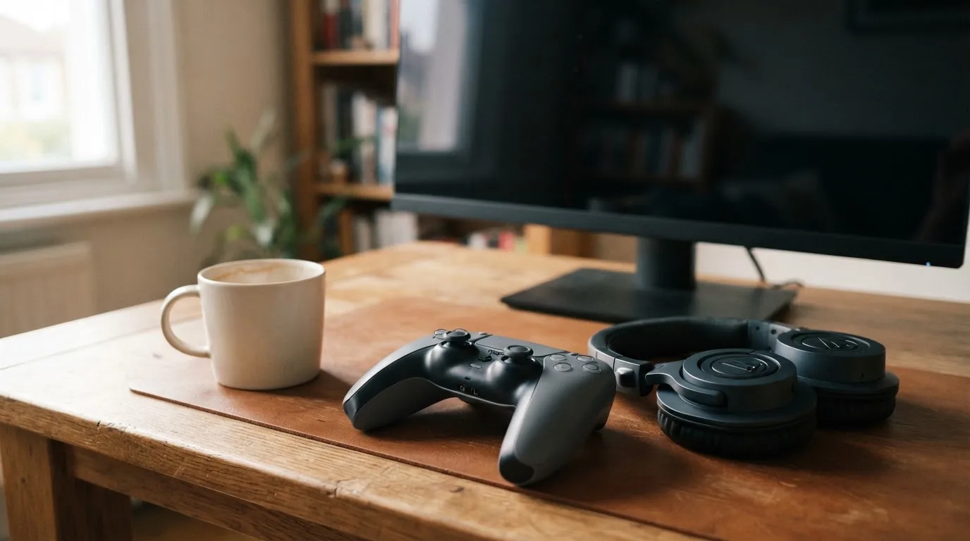 Ein Gamepad und ein Headset liegen auf einem Schreibtisch neben einer Tasse, der Bildschirm im Hintergrund ist ausgeschaltet.