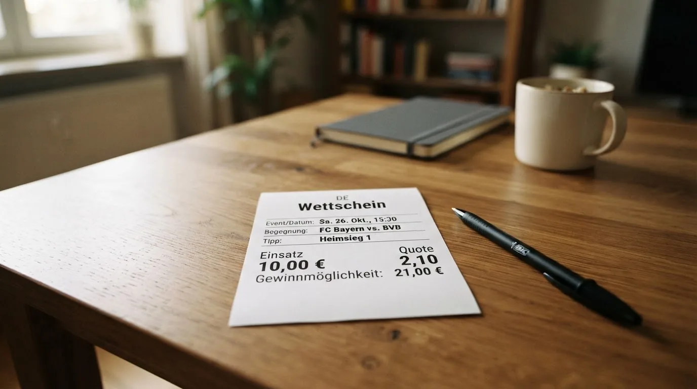 Ein leerer Papierwettschein und ein Kugelschreiber liegen auf einem aufgeräumten Schreibtisch, weiches Licht von einem Fenster.