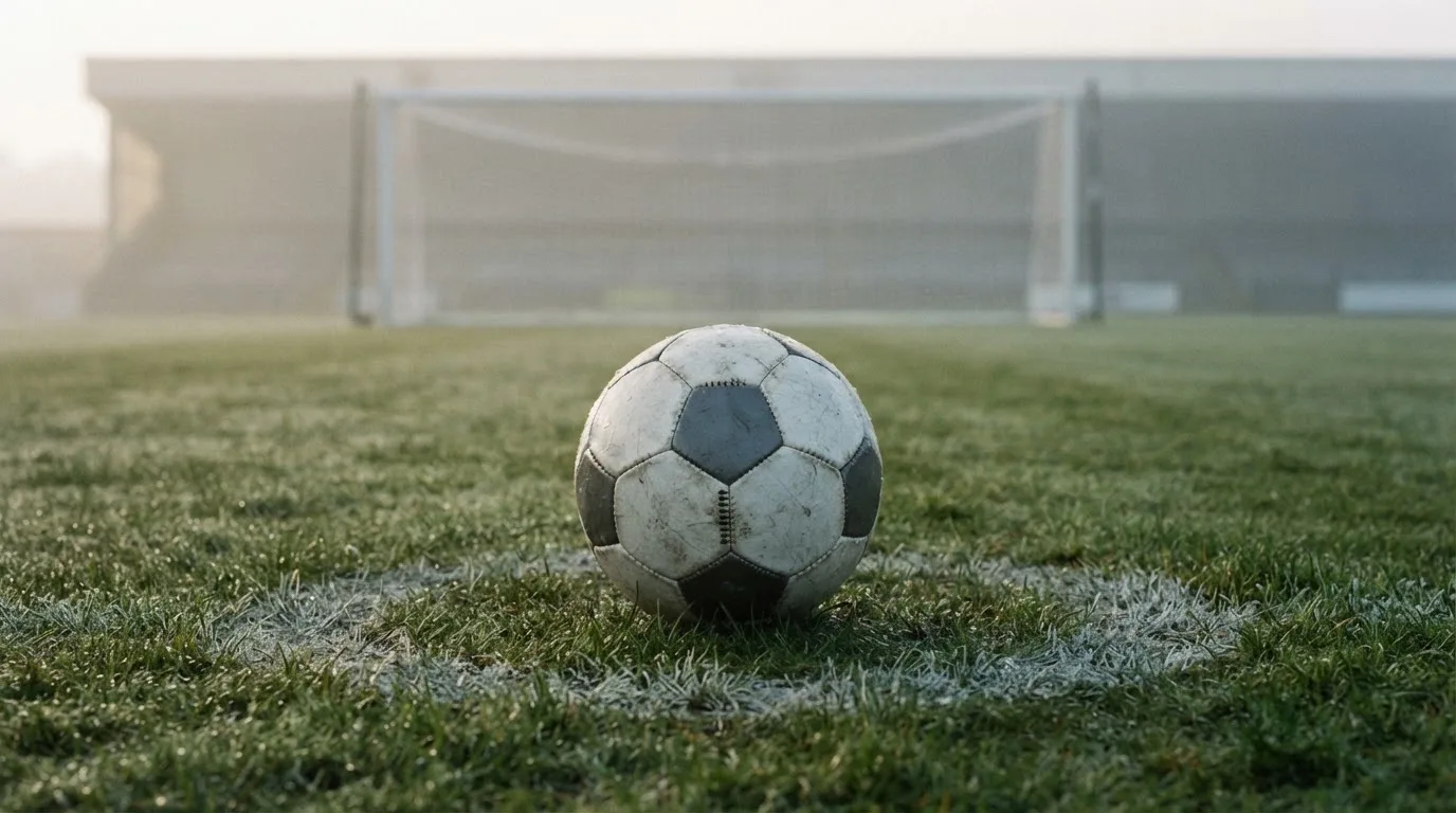 Ein Fußball liegt auf dem Elfmeterpunkt eines leeren Rasenplatzes, im Hintergrund unscharf ein Tor im Morgendunst.
