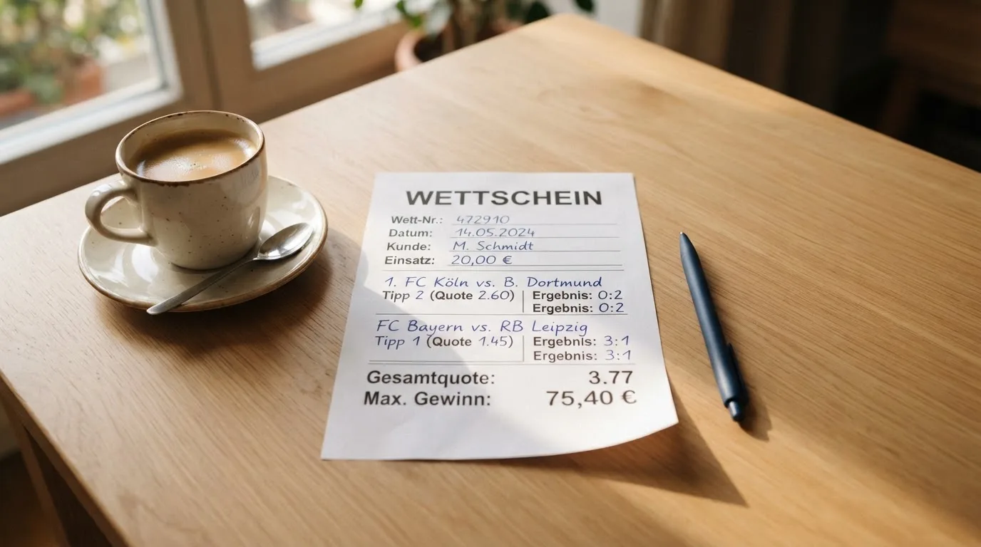 Ein leerer Wettschein aus Papier liegt neben einem Kugelschreiber und einer Tasse auf einem hellen Holztisch.