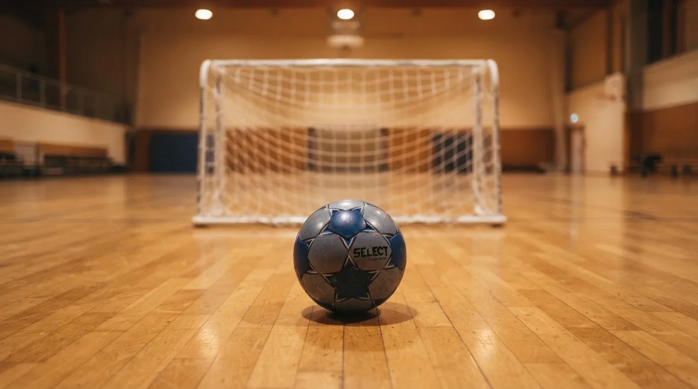 Ein kleiner schwerer Ball liegt in einer Halle auf dem Parkett vor einem Tor, warmes Licht aus den Deckenstrahlern.