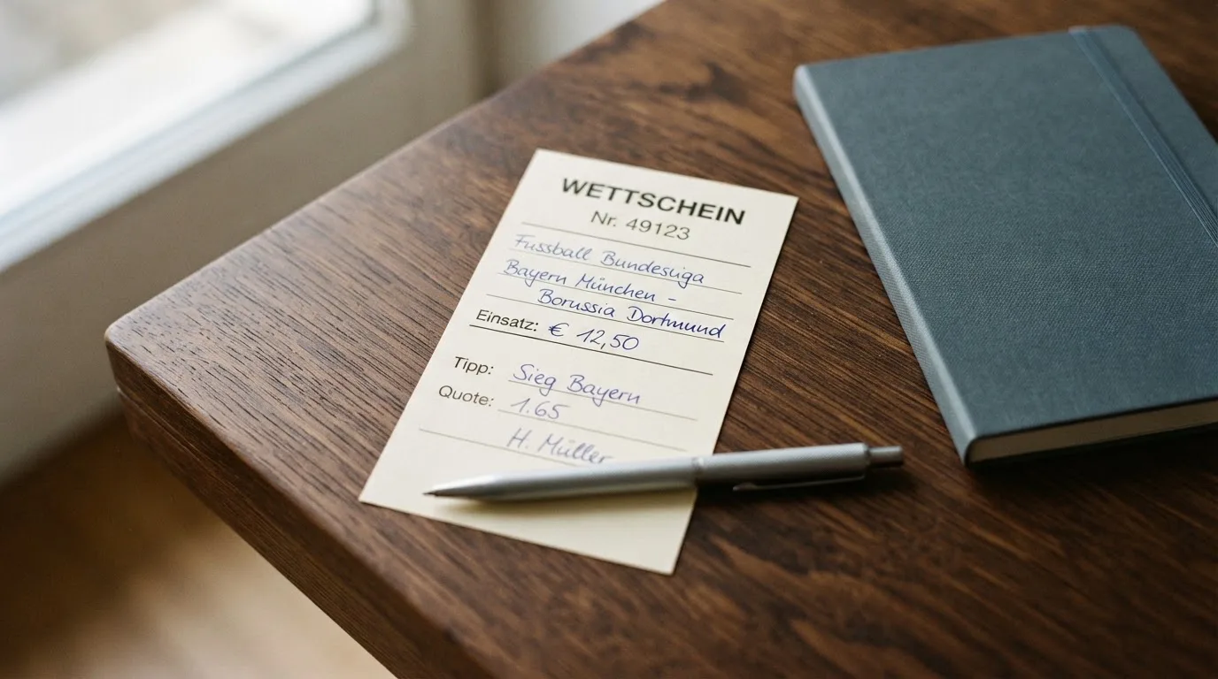 Ein leerer Papierwettschein und ein Kugelschreiber liegen auf einer glatten Schreibtischplatte neben einem Notizbuch.