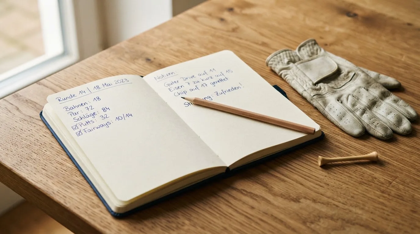 Ein Notizbuch mit handschriftlichen Notizen und ein Bleistift liegen neben einem Golfhandschuh und einem Tee auf einem Holztisch.