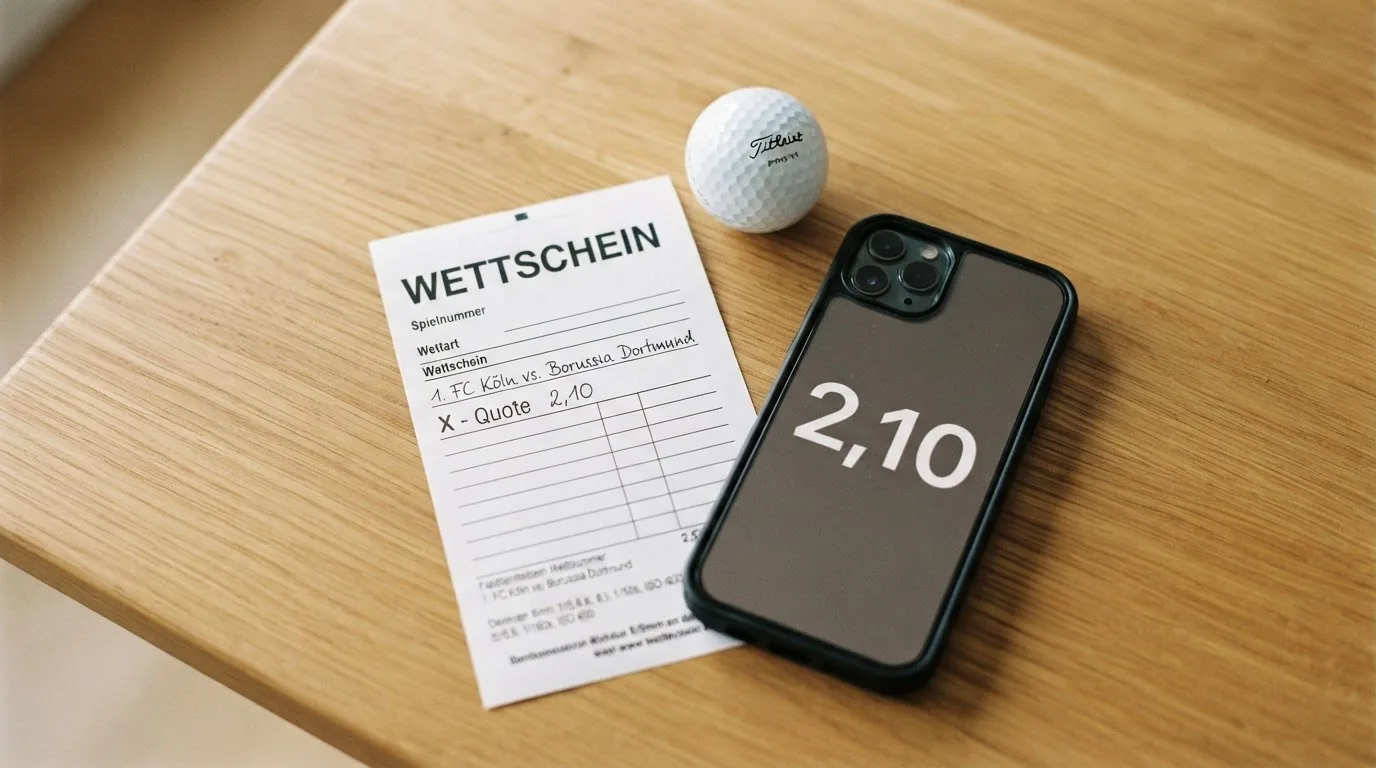 Ein leerer Wettschein aus Papier liegt neben einem Smartphone mit dunklem Display auf einem Tisch, daneben ein einzelner Golfball.