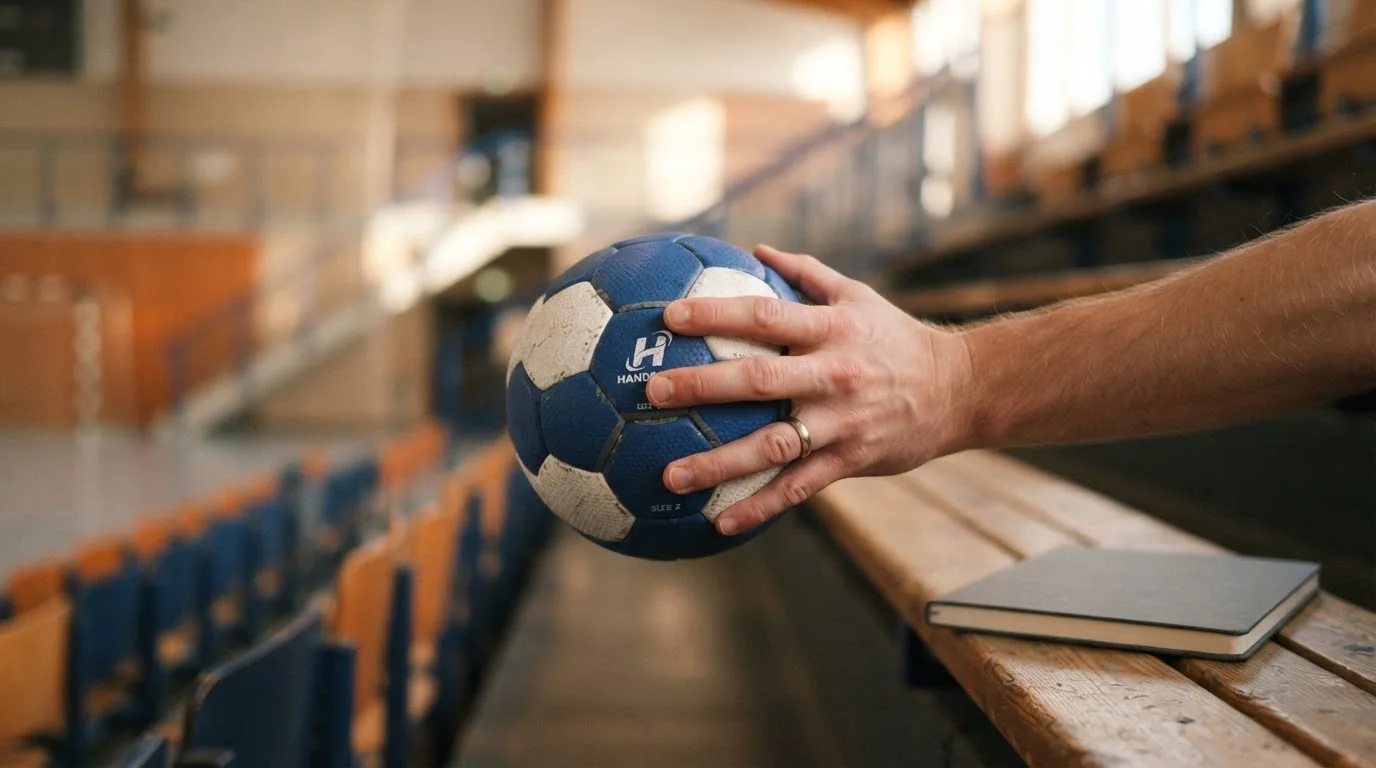 Eine Hand hält einen Handball, im Hintergrund eine unscharfe Tribüne, daneben liegt ein Notizblock auf einer Bank.