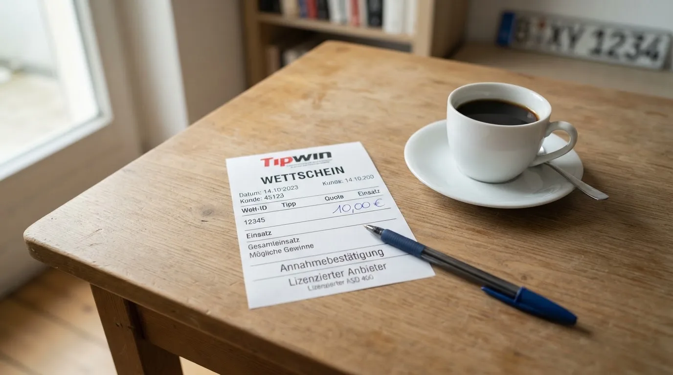 Ein leerer Wettschein aus Papier und ein Kugelschreiber liegen auf einem Schreibtisch neben einer Tasse Kaffee im Tageslicht.