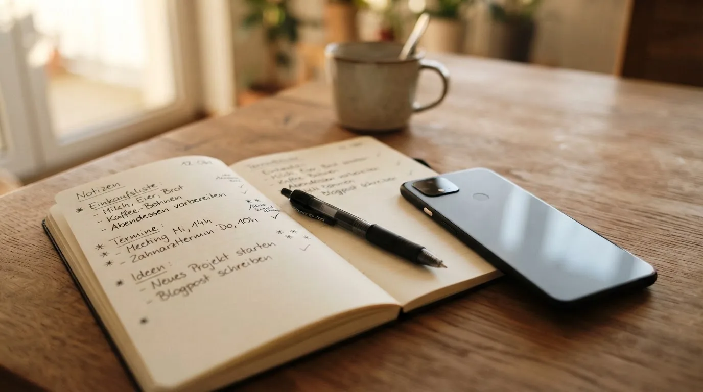 Ein Notizbuch mit handschriftlichen Notizen und ein Stift liegen auf einem Holztisch neben einem Smartphone mit dunklem Bildschirm.