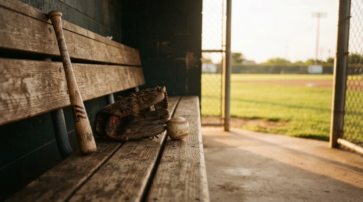 Ein Baseballschläger lehnt an einer Bank im Dugout, daneben liegen ein Handschuh und ein Ball im Licht der Nachmittagssonne.