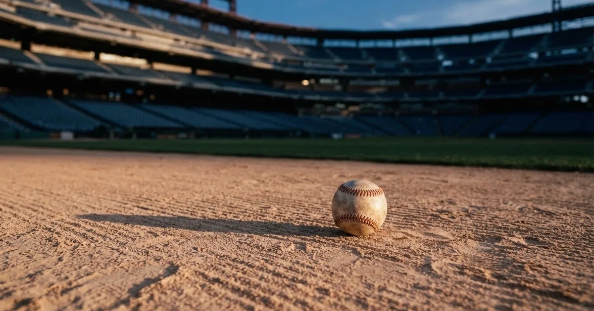 Ein Baseball liegt auf dem hellen Sand des Infields, im Hintergrund eine große Tribüne in der Abenddämmerung.